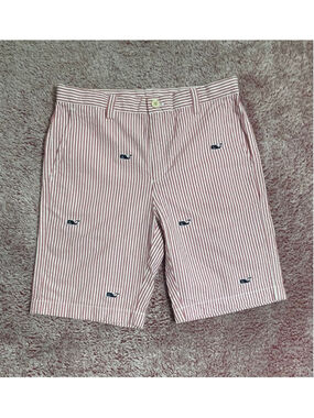 Vineyard Vines Boys Red White Seersucker Stripe Whale Shorts Size 12 Preppy